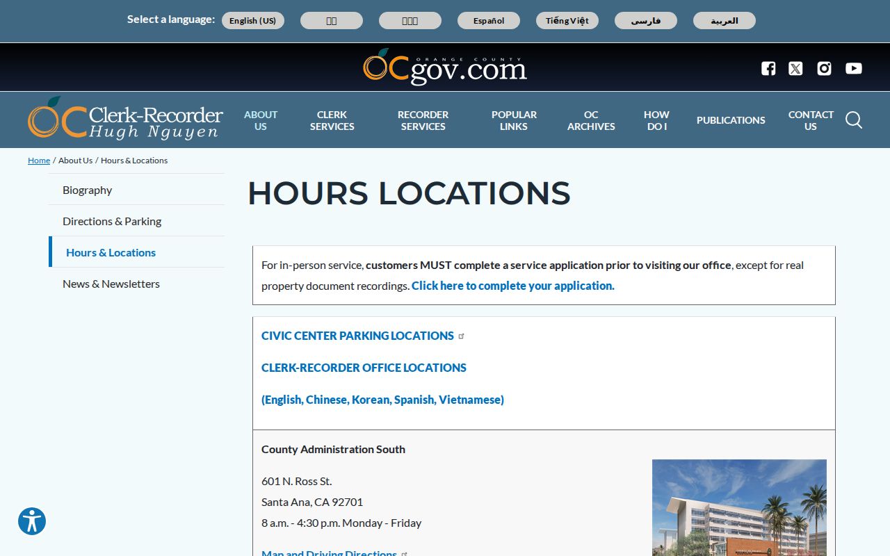 Buena Park street directory Orange County Clerk Recorder hours and locations